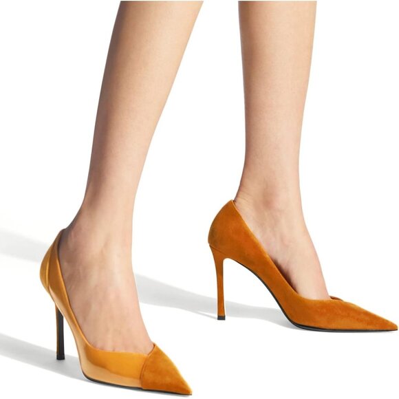 Women's Brown Pointed Toe Pumps Patent Suede Heel Stiletto Slip On High Heels - Picture 2 of 5